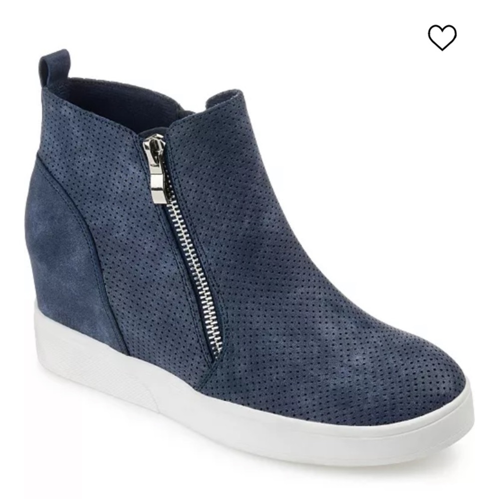 Journee Collection Pennelope Blue Laser Cut Zipper Top Wedge Sneakers